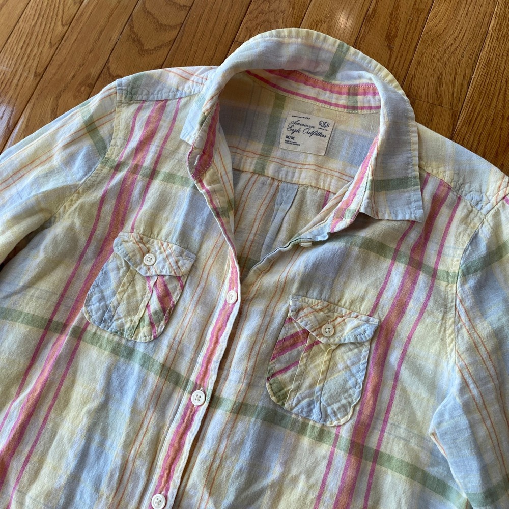 Vintage Y2K American Eagle Pastel Colorful Plaid Button Up Shirt Linen Blend M - Picture 10 of 13